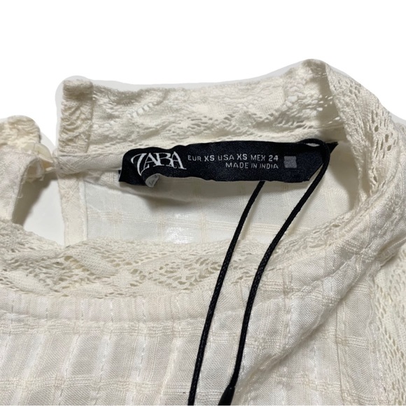 Zara | Women | Ivory Lace Insert Bishop Sleeve Ruffle Top | Size Extra Small - Picture 8 of 10